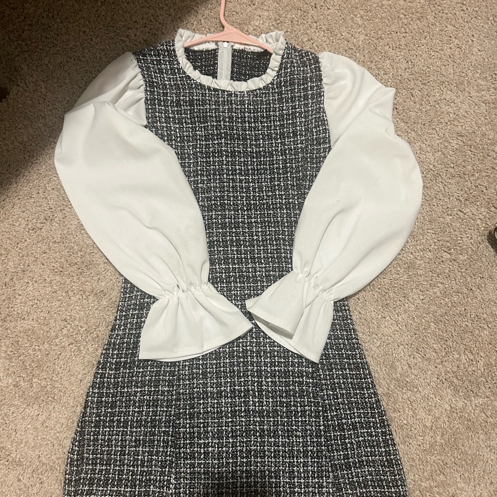 Chic Black and White Tweed Dress with Ruffled Collar